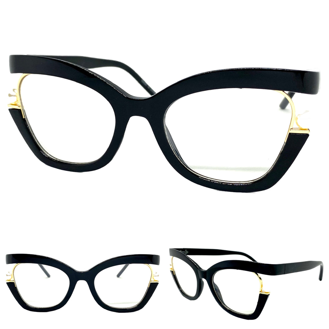 Classic Vintage Retro Cat Eye Style Clear Lens EYEGLASSES Large Black Frame E2069