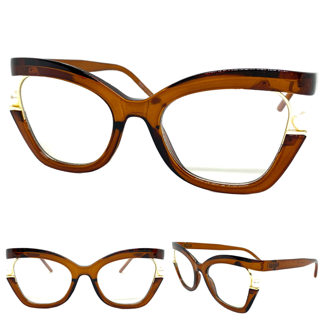 Classic Vintage Retro Cat Eye Style Clear Lens EYEGLASSES Large Brown Frame E2069