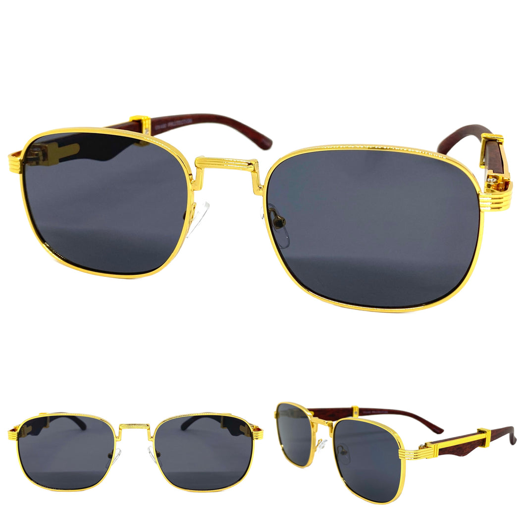 Classy Elegant Luxury Retro Hip Hop Style SUNGLASSES Large Gold & Wooden Frame 5262