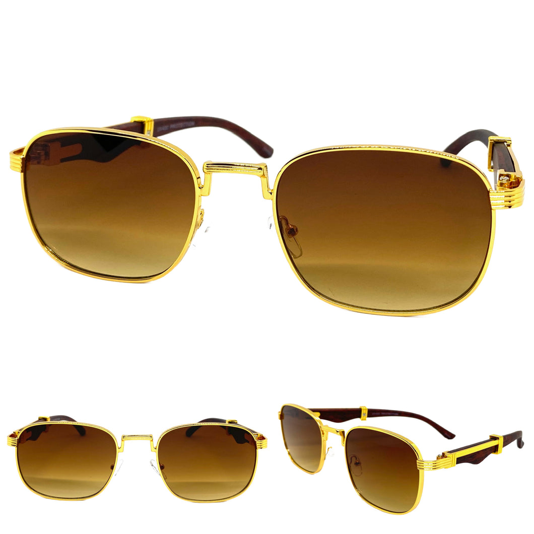 Classy Elegant Luxury Retro Hip Hop Style SUNGLASSES Large Gold & Wooden Frame 5262