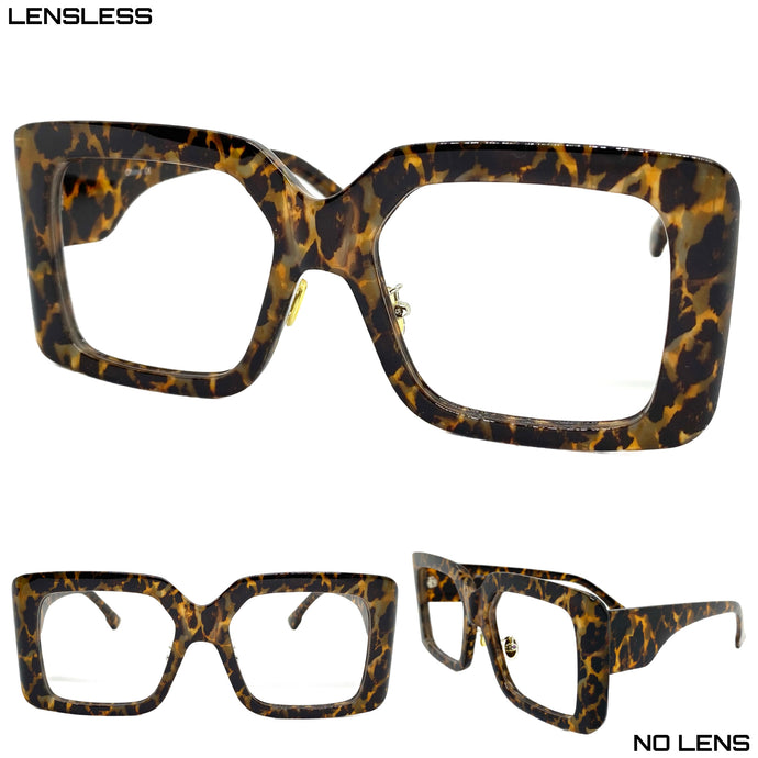 Classic Vintage Retro Style Large Square Leopard Lensless Eye Glasses- Frame Only NO Lens 2036