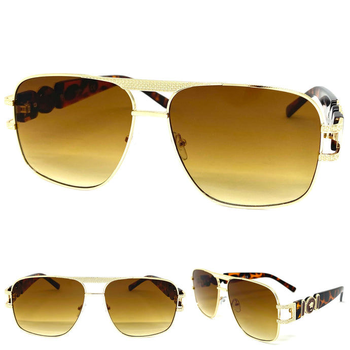 Classic Vintage Retro Hardcore Hip Hop Luxury Aviator Style SUNGLASSES Large Gold Frame 7364