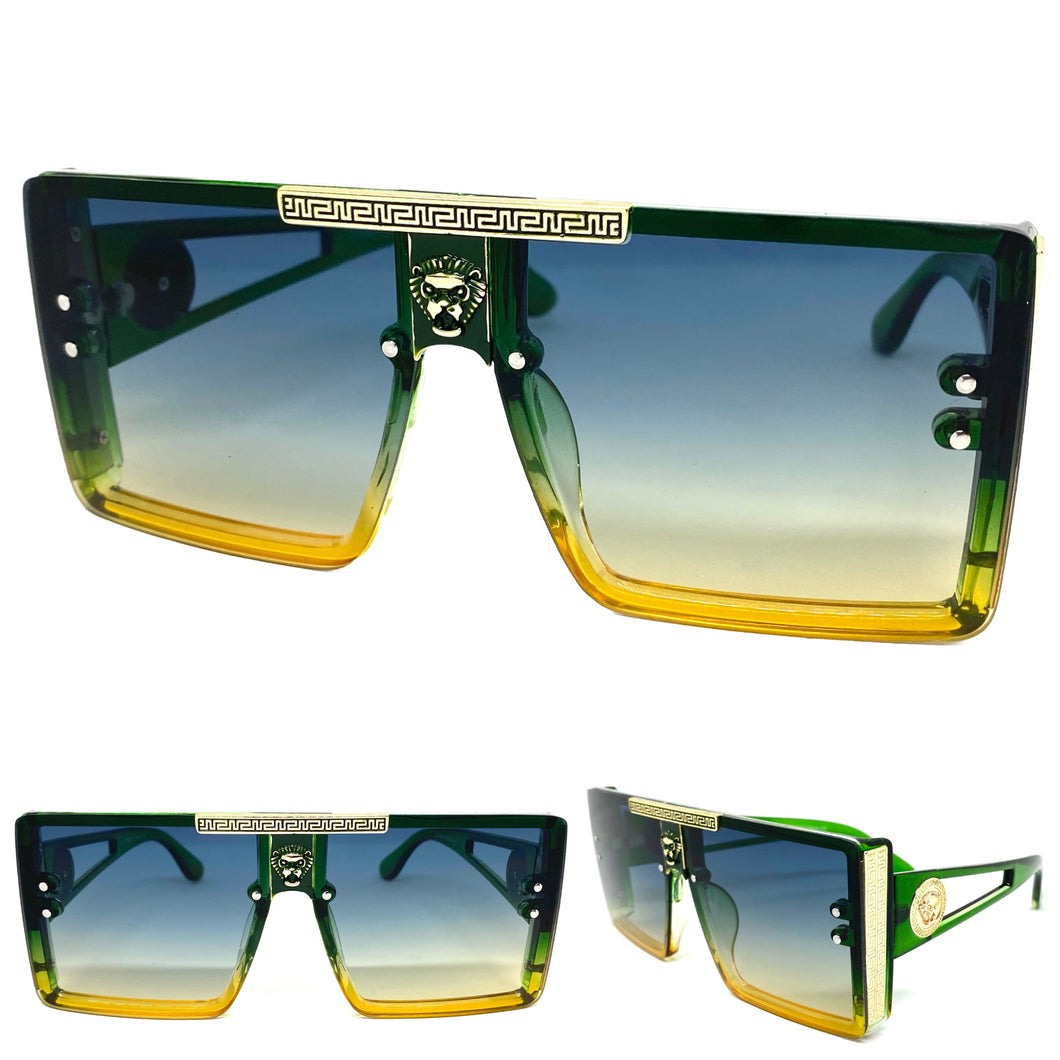 Oversized Luxury Hip Hop Shield Style SUNGLASSES Large Green & Gold Frame 59277