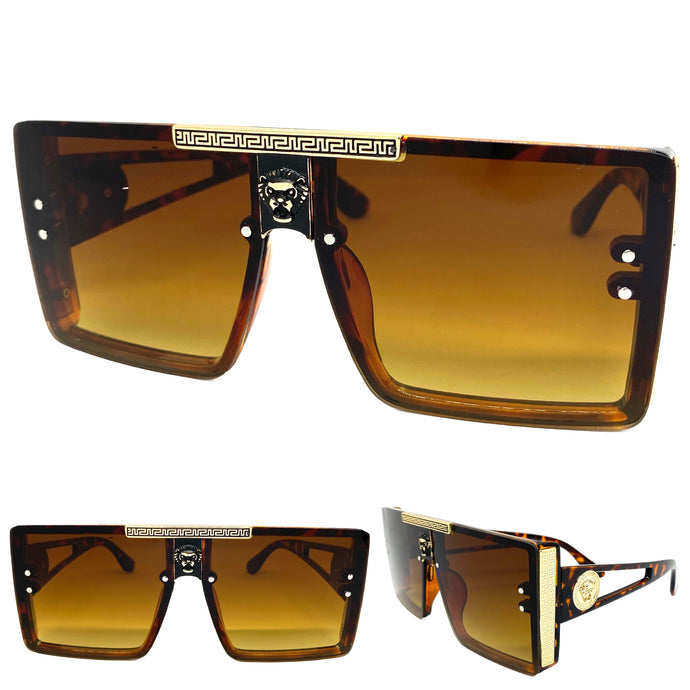 Oversized Luxury Hip Hop Shield Style SUNGLASSES Large Tortoise & Gold Frame 59277