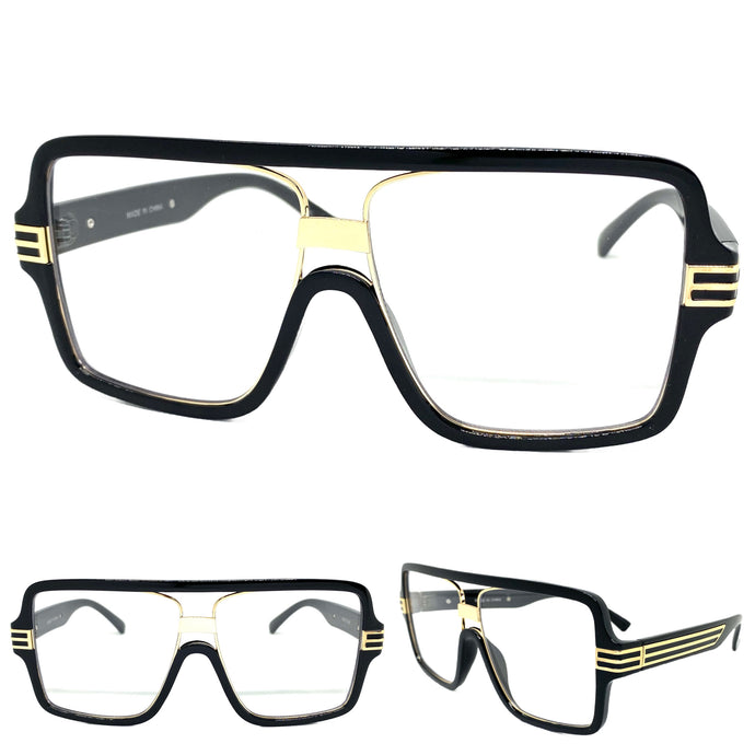 Oversized Classic Vintage Retro Hip Hop Style Clear Lens EYEGLASSES Large Black & Gold Frame 96427