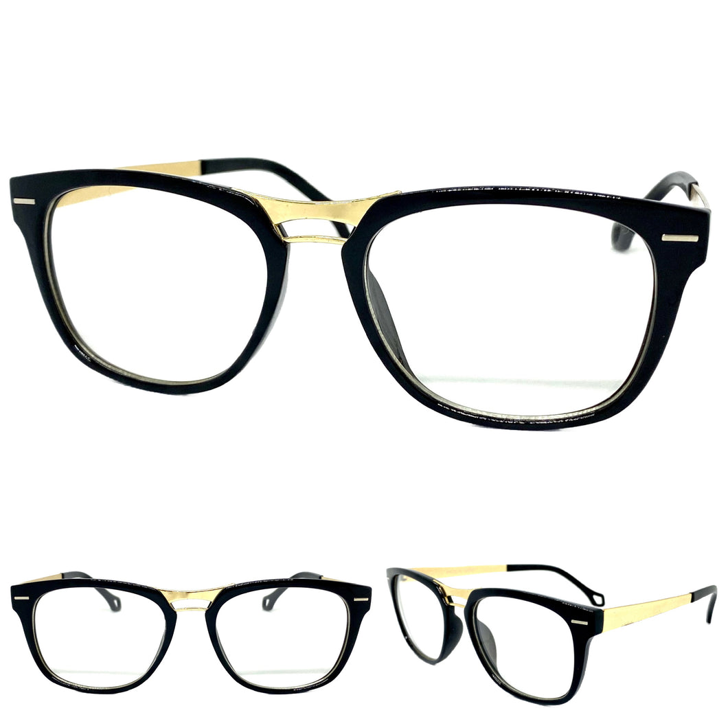 Classic Vintage Retro Style Clear Lens EYEGLASSES Black & Gold Frame 80589