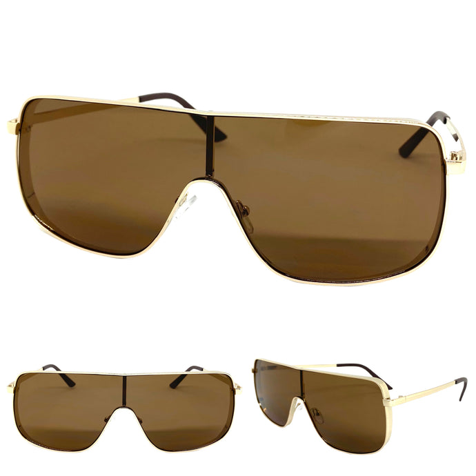 Oversized Classic Modern Retro Shield Style SUNGLASSES Large Gold Frame 8072