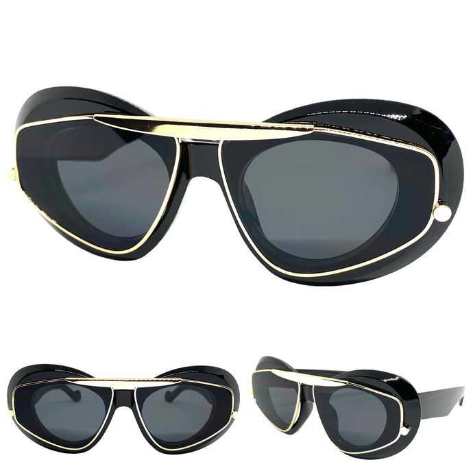 Exaggerated Classic Vintage Retro Style SUNGLASSES Funky Black & Gold Frame 3022