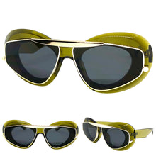 Exaggerated Classic Vintage Retro Style SUNGLASSES Funky Olive Green & Gold Frame 3022