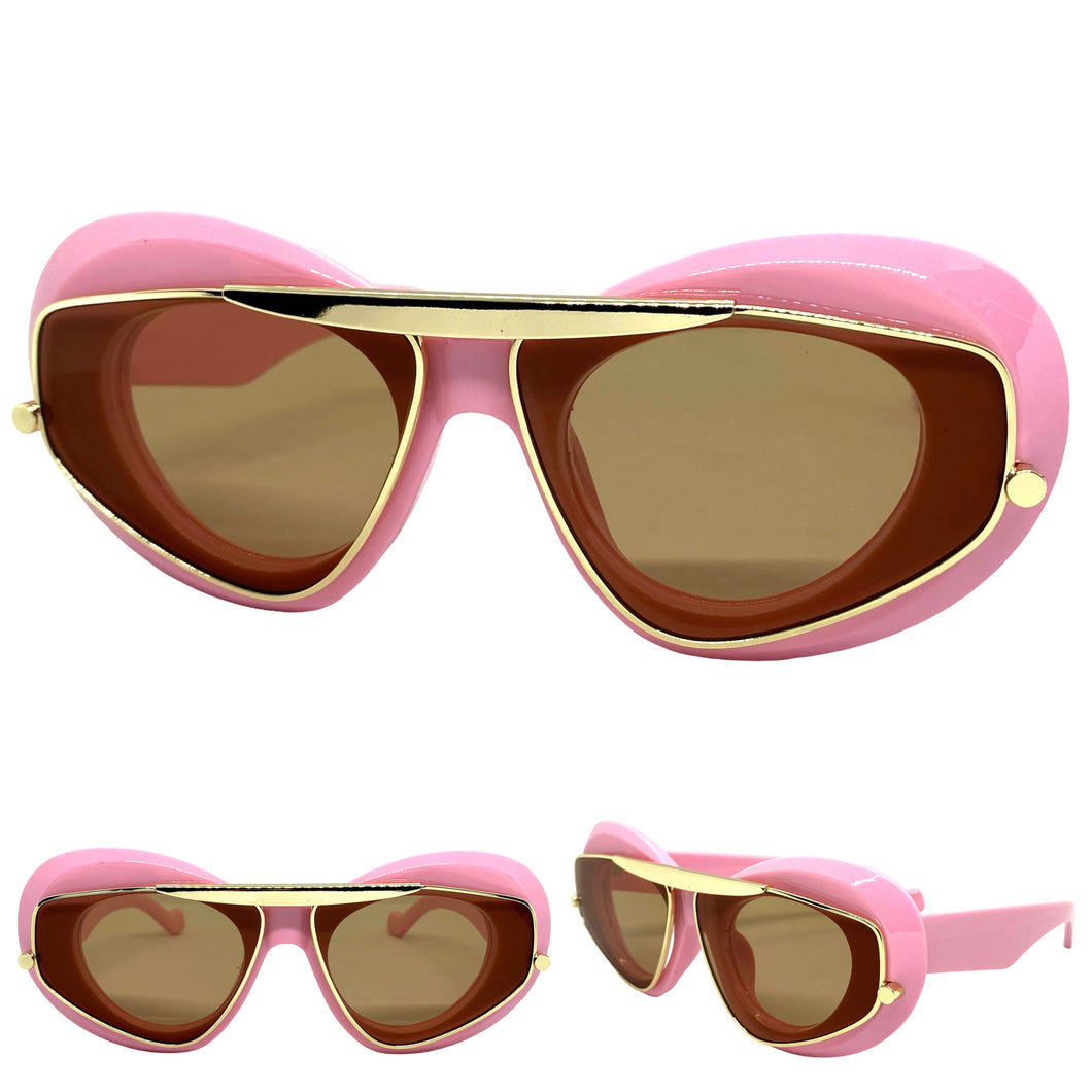 Exaggerated Classic Vintage Retro Style SUNGLASSES Funky Pink & Gold Frame 3022