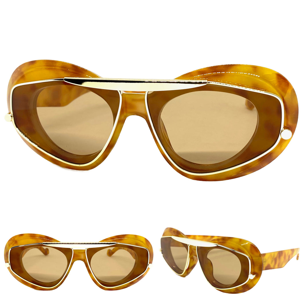 Exaggerated Classic Vintage Retro Style SUNGLASSES Funky Tortoise & Gold Frame 3022