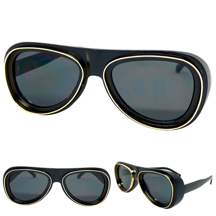 Classic Vintage Retro Aviator Style SUNGLASSES Funky Black & Gold Frame 80162