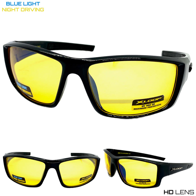 Sporty Wrap Around Blue Light Night Driving HD Lens SUNGLASSES Black Frame 3508