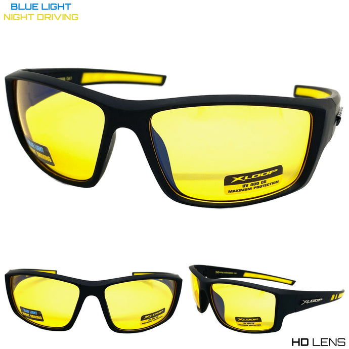 Sporty Wrap Around Blue Light Night Driving HD Lens SUNGLASSES Black Frame 3508