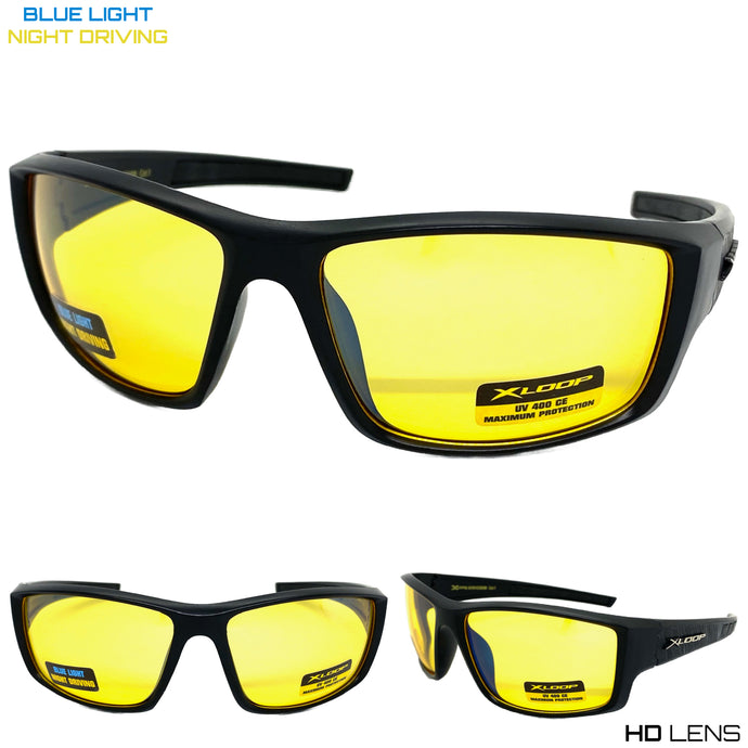 Sporty Wrap Around Blue Light Night Driving HD Lens SUNGLASSES Black Frame 3508