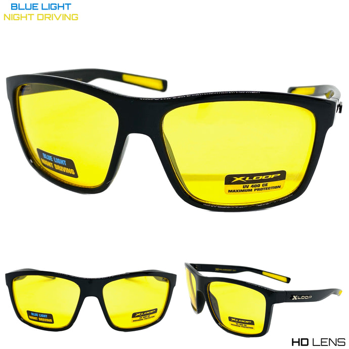Sporty Wrap Around Blue Light Night Driving HD Lens SUNGLASSES Black Frame 3507