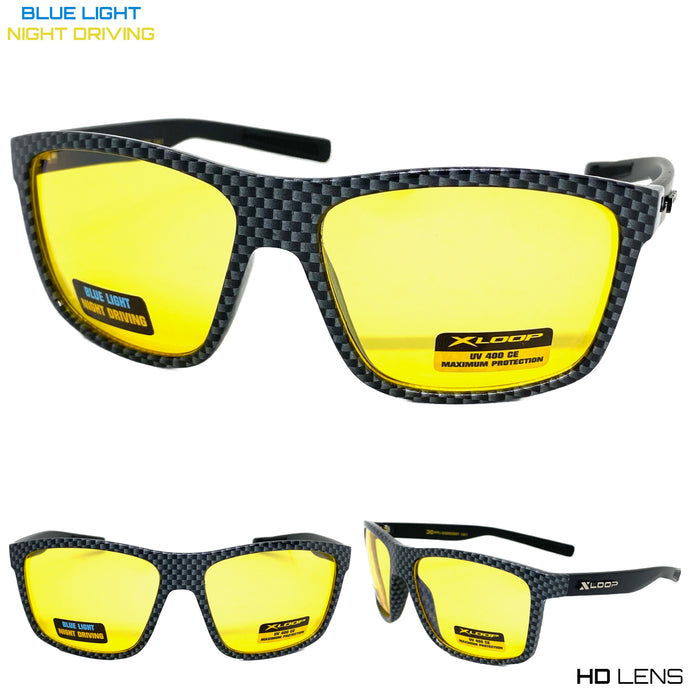 Sporty Wrap Around Blue Light Night Driving HD Lens SUNGLASSES Carbon Fiber Frame 3507