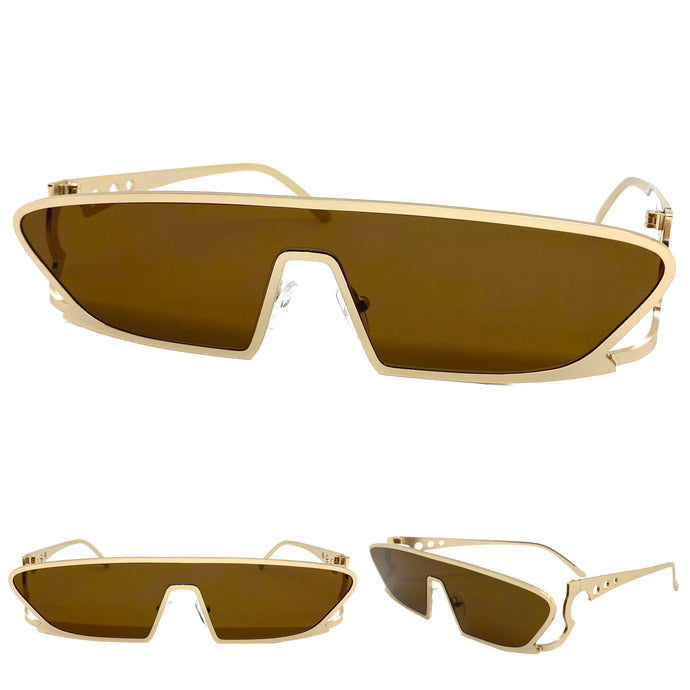 Modern Futuristic Space Party Raver Style SUNGLASSES Sleek Gold Frame 5277