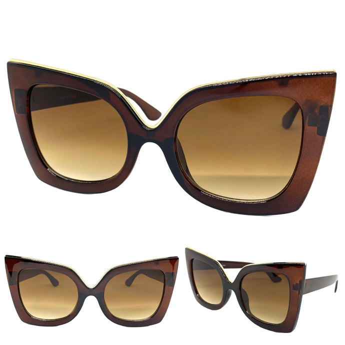 Oversized Exaggerated Vintage Retro Cat Eye Style SUNGLASSES Huge Brown Frame 89142