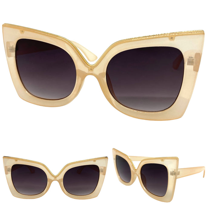 Oversized Exaggerated Vintage Retro Cat Eye Style SUNGLASSES Huge Cream Frame 89142