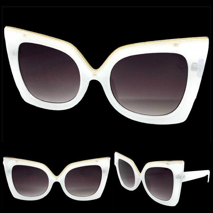 Oversized Exaggerated Vintage Retro Cat Eye Style SUNGLASSES Huge Clear White Frame 89142