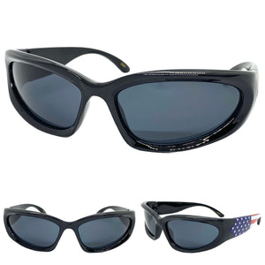 Motorcycle Biker Sporty Wrap Around Style SUNGLASSES Patriotic USA Flag Frame BP0249