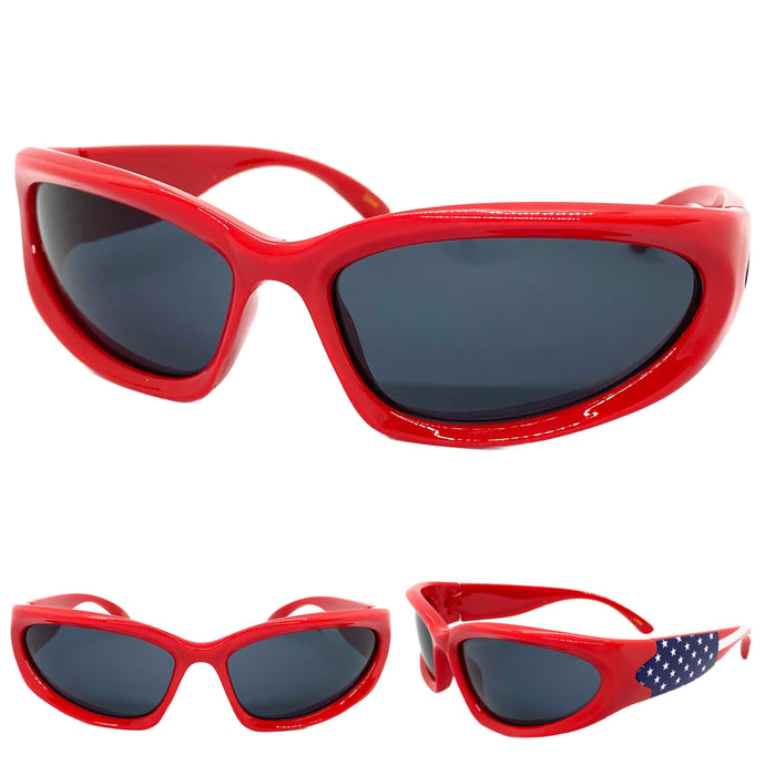Motorcycle Biker Sporty Wrap Around Style SUNGLASSES Patriotic USA Flag Frame BP0249