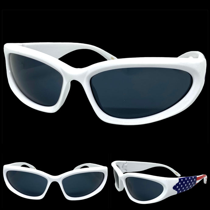 Motorcycle Biker Sporty Wrap Around Style SUNGLASSES Patriotic USA Flag Frame BP0249
