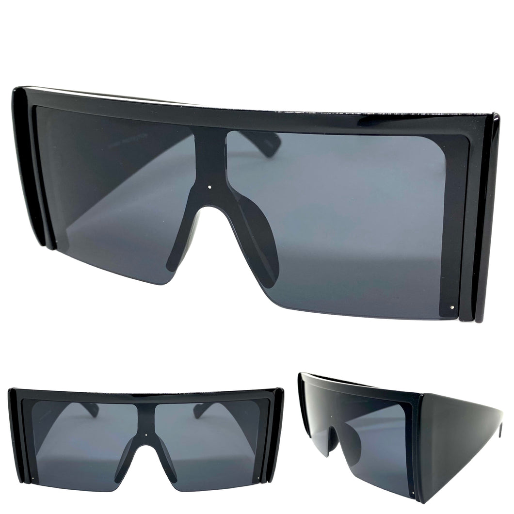 Oversized Exaggerated Modern Retro Shield Style SUNGLASSES Huge Black Frame 80720