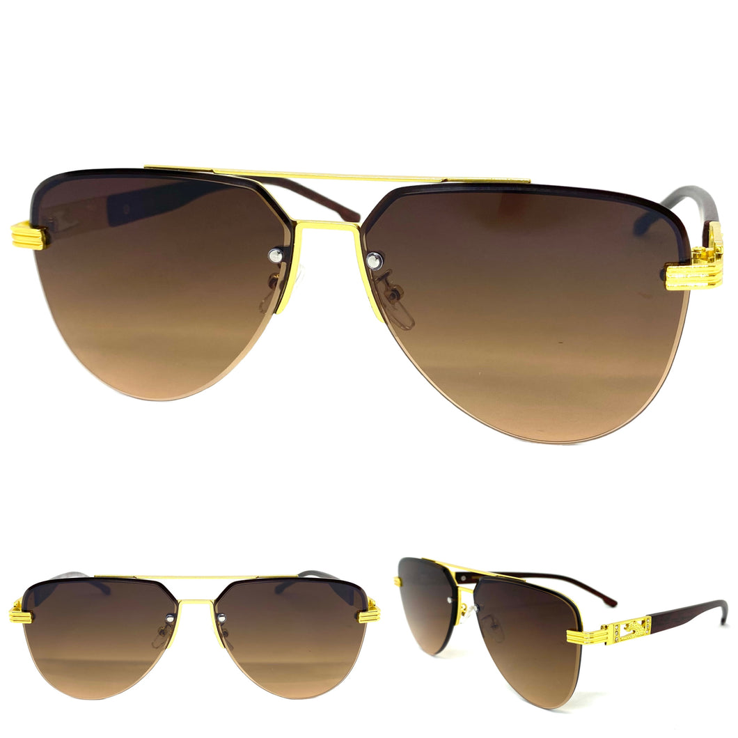 Classy Elegant Luxury Retro Aviator Hip Hop Style SUNGLASSES Gold & Faux Wood Frame 4063