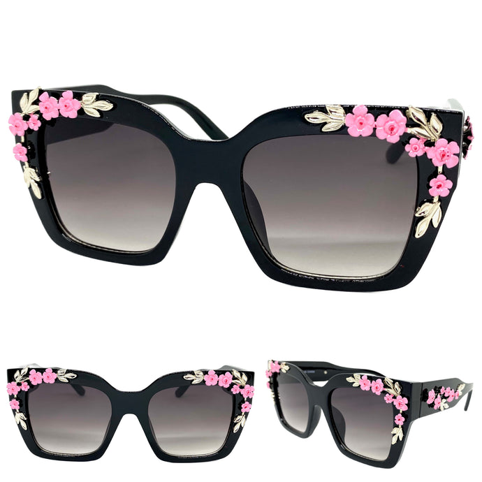 Classic Elegant Vintage Retro Style SUNGLASSES Square Black Floral Frame 96540