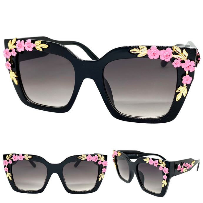 Classic Elegant Vintage Retro Style SUNGLASSES Square Black Floral Frame 96540