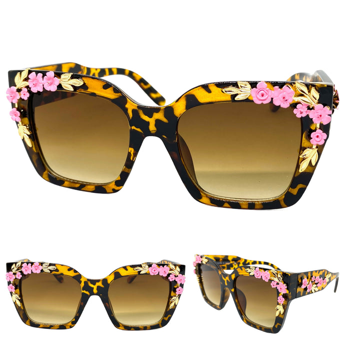 Classic Elegant Vintage Retro Style SUNGLASSES Square Tortoise Floral Frame 96540