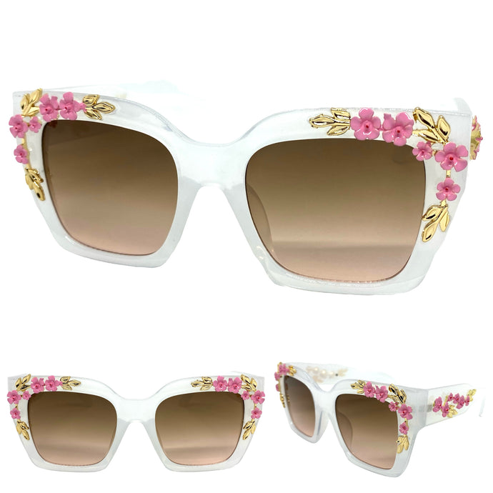 Classic Elegant Vintage Retro Style SUNGLASSES Square Clear White Floral Frame 96540