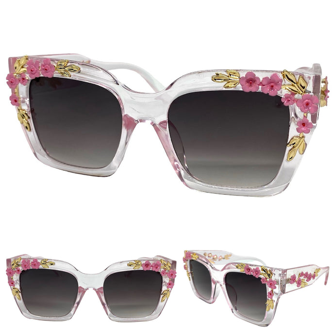 Classic Elegant Vintage Retro Style SUNGLASSES Square Clear Pink Floral Frame 96540