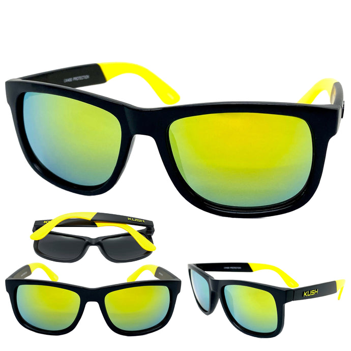 Classic Vintage Retro Biker Style KUSH SUNGLASSES Black & Yellow Frame 6097