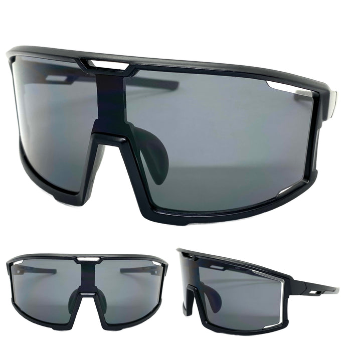 Oversized Retro Sporty Wrap Around Style SUNGLASSES Large Black Frame 5230