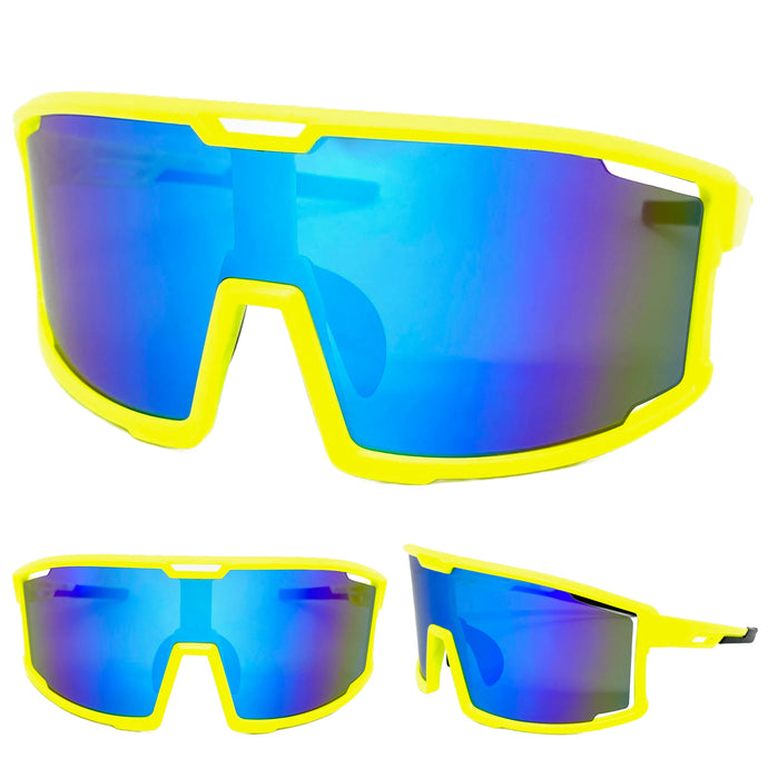 Oversized Retro Sporty Wrap Around Style SUNGLASSES Large Neon Yellow Frame 5230