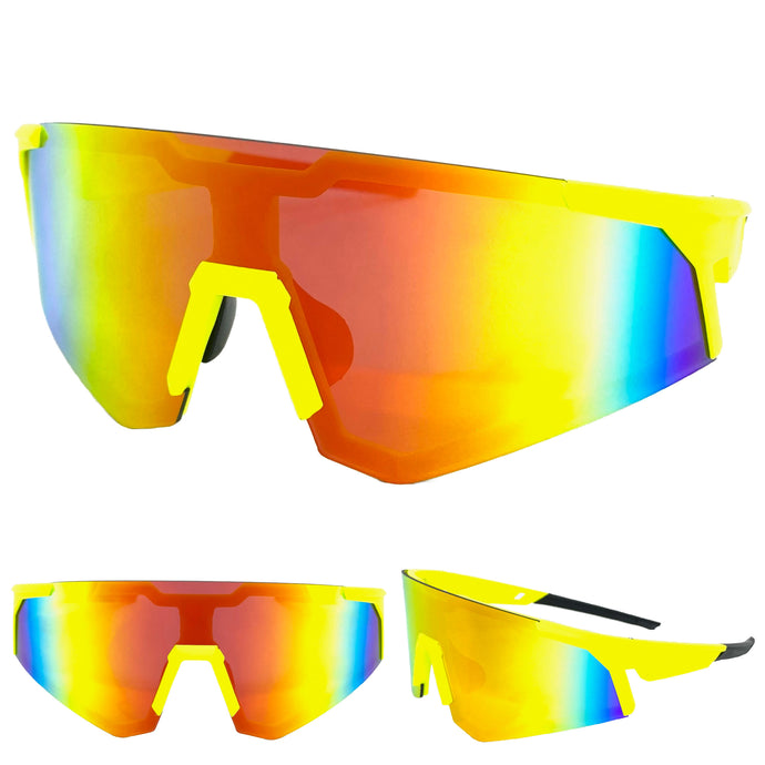 Oversized Retro Sporty Wrap Around Style SUNGLASSES Large Neon Yellow Frame 9057