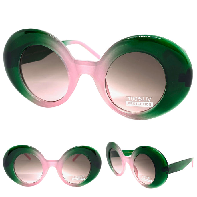 Oversized Exaggerated Vintage Retro Style SUNGLASSES Round Green & Pink Frame 1039