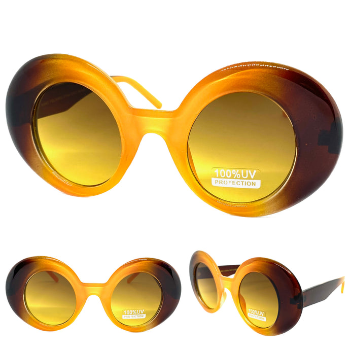 Oversized Exaggerated Vintage Retro Style SUNGLASSES Round Brown & Caramel Frame 1039