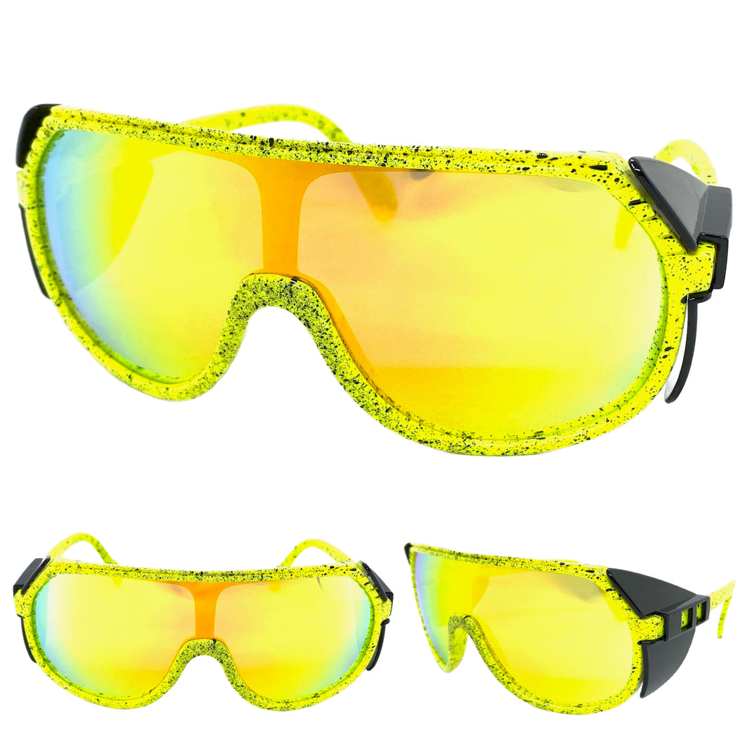 Oversized Retro Sporty Wrap Around Style SUNGLASSES Large Neon Yellow Frame 30417