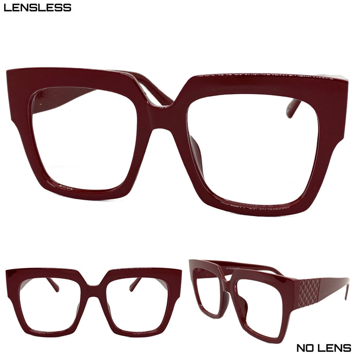 Oversized Vintage Retro Style Large Maroon Lensless Eye Glasses- Frame Only NO Lens 9252
