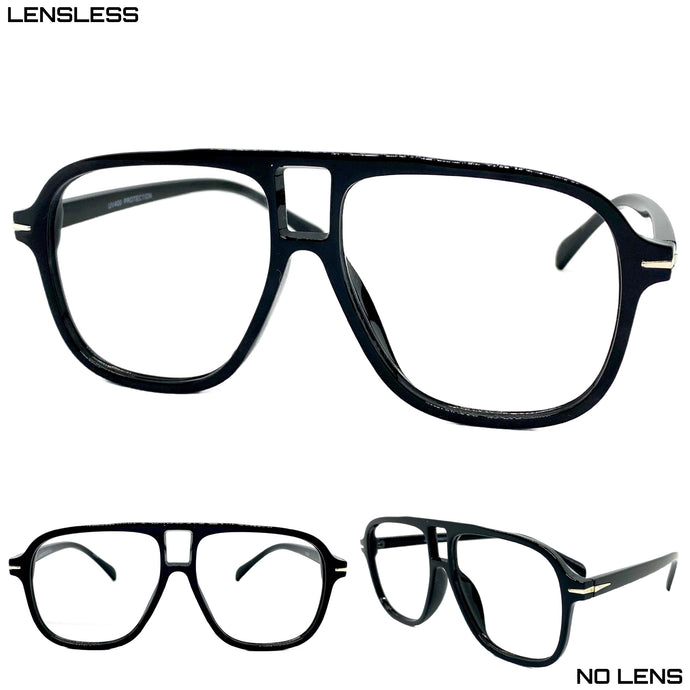 Oversized Vintage Retro Aviator Style Large Black Lensless Eye Glasses- Frame Only NO Lens 80586