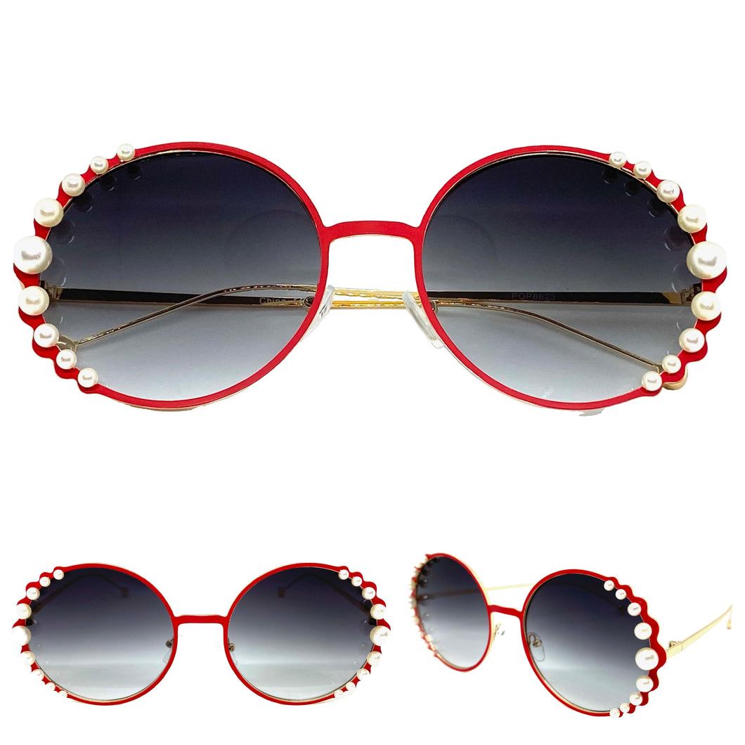 Exaggerated Classic Vintage Retro Style SUNGLASSES Round Red & Gold Frame 8625