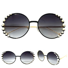 Exaggerated Classic Vintage Retro Style SUNGLASSES Round Black & Gold Frame 8625