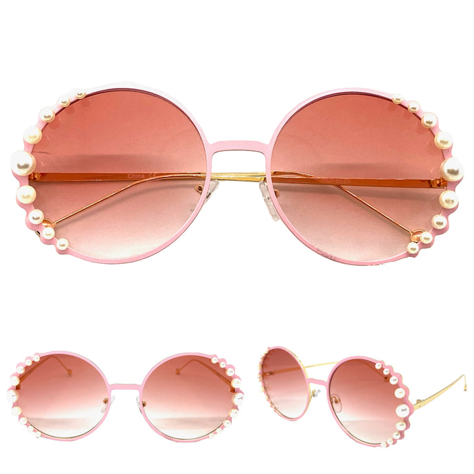 Exaggerated Classic Vintage Retro Style SUNGLASSES Round Pink & Gold Frame 8625