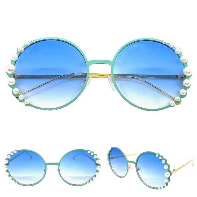 Exaggerated Classic Vintage Retro Style SUNGLASSES Round Blue & Gold Frame 8625