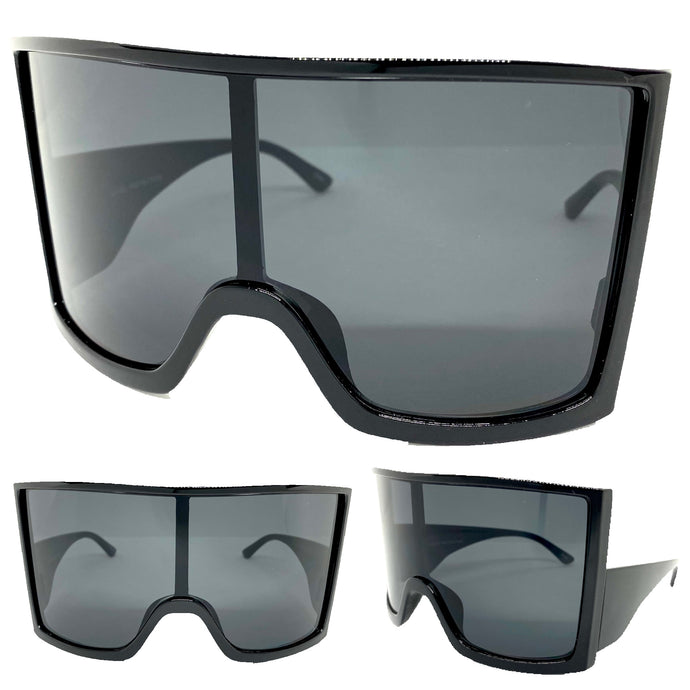 Oversized Wrap Around Futuristic Modern Shield Style SUNGLASSES Huge Black Frame 80673
