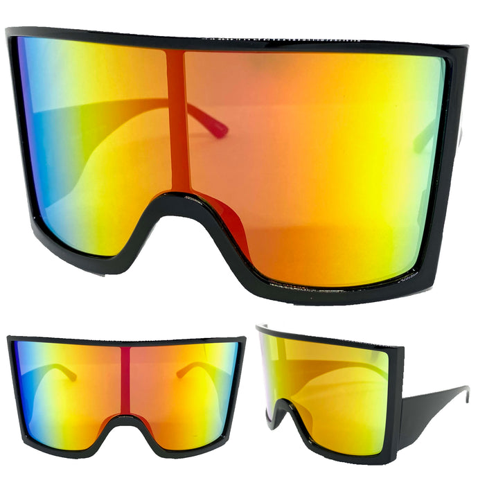 Oversized Wrap Around Futuristic Modern Shield Style SUNGLASSES Huge Black Frame 80673